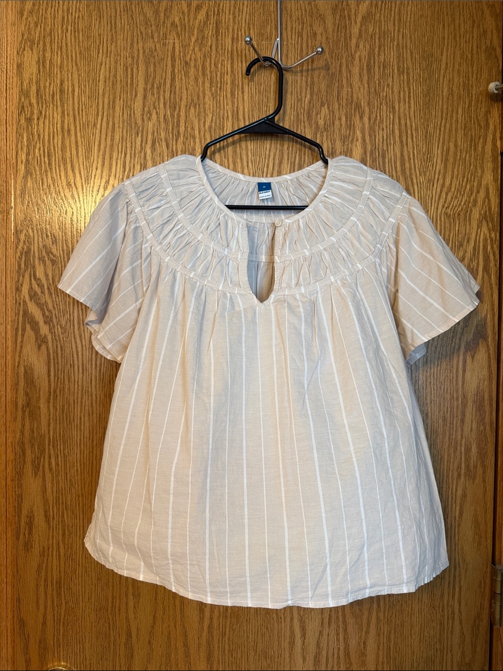 Old Navy Cream and White Striped Smocked Yoke Blouse